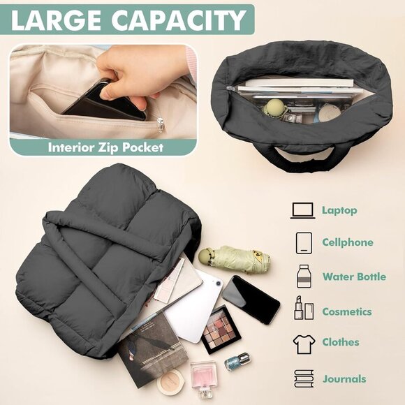 Puffer Tote Bag Women Nylon Quilted Foldable Lightweight Travel Purse - Picture 2 of 7